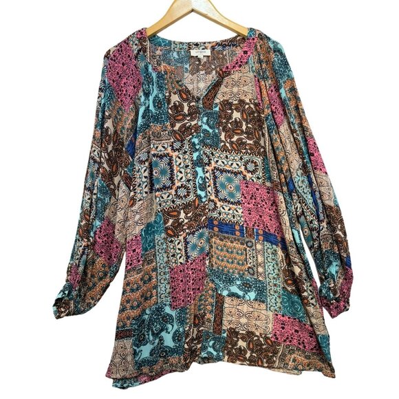 Umgee Womens Patchwork Pattern Long Sleeve Shirt Dress Size S Multicolor Flowy - Picture 1 of 11